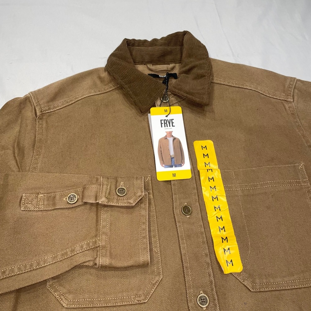 Frye Mens‎ Brown Cotton Twill Shirt Jacket Corduroy Collar Workwear Tan Medium